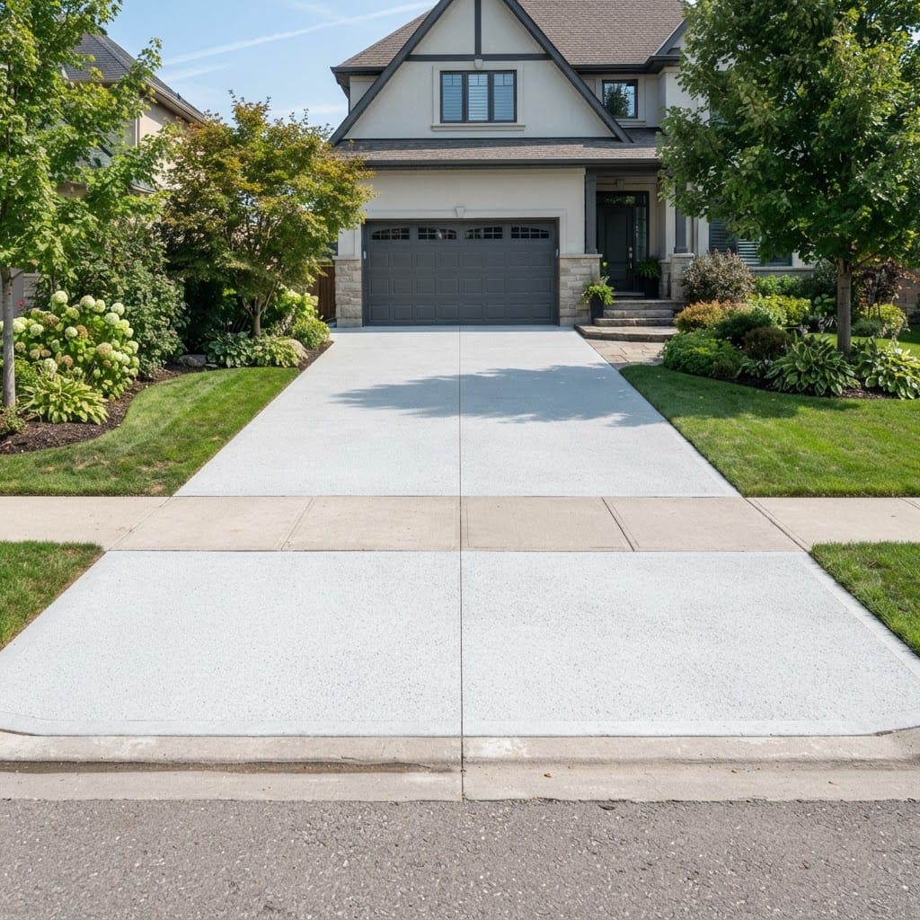 Clean, bright concrete driveway after professional pressure washing