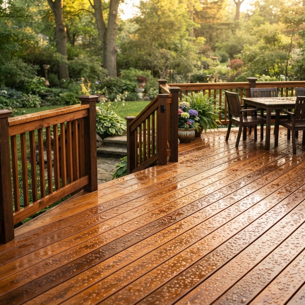 Freshly stained and sealed wooden backyard deck in Nebraska
