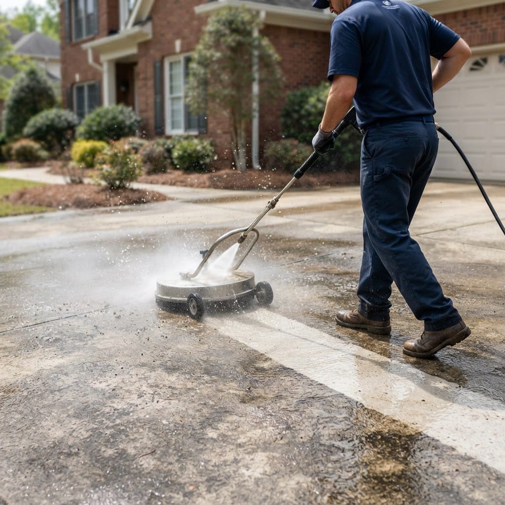 Worker pressure washing a concrete driveway with a clean stripe appearing