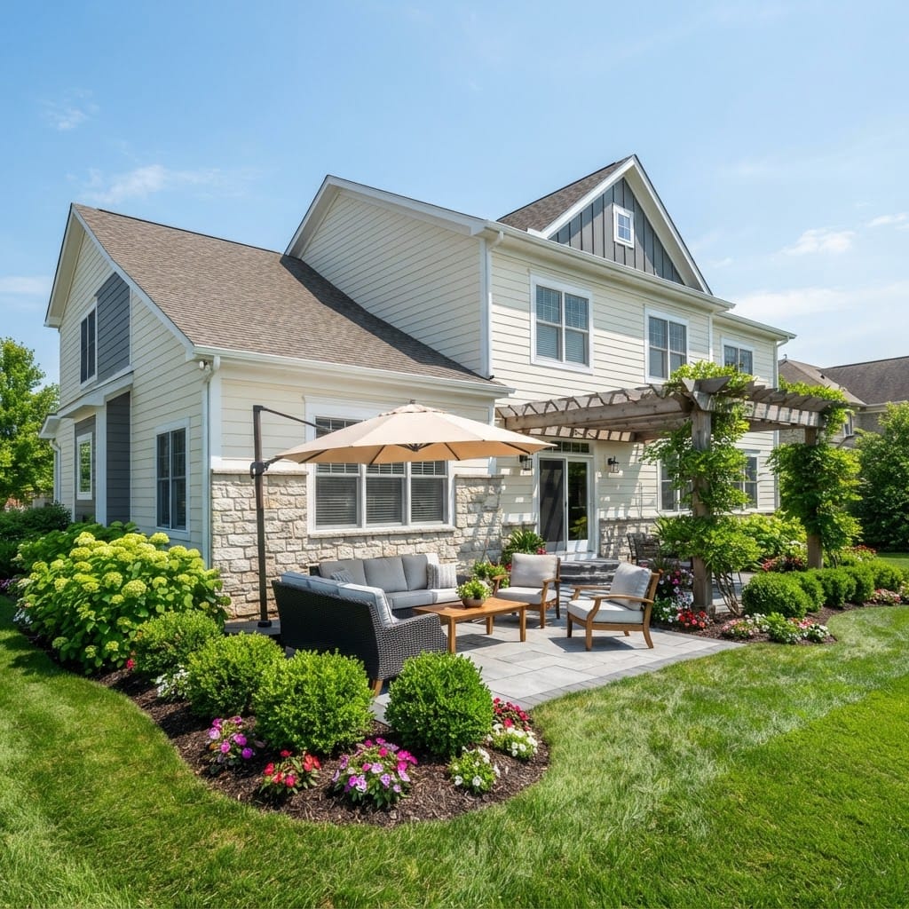 Clean, bright home exterior and patio after professional pressure washing